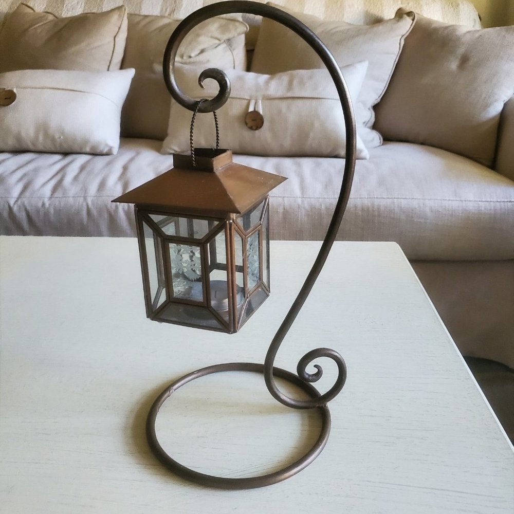 Viva Vintage Bronze Wrought Iron Hanging tealight holder with Etched Glass